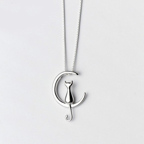 NEW 925 Sterling Silver Cat Moon Necklace - Picture 1 of 8